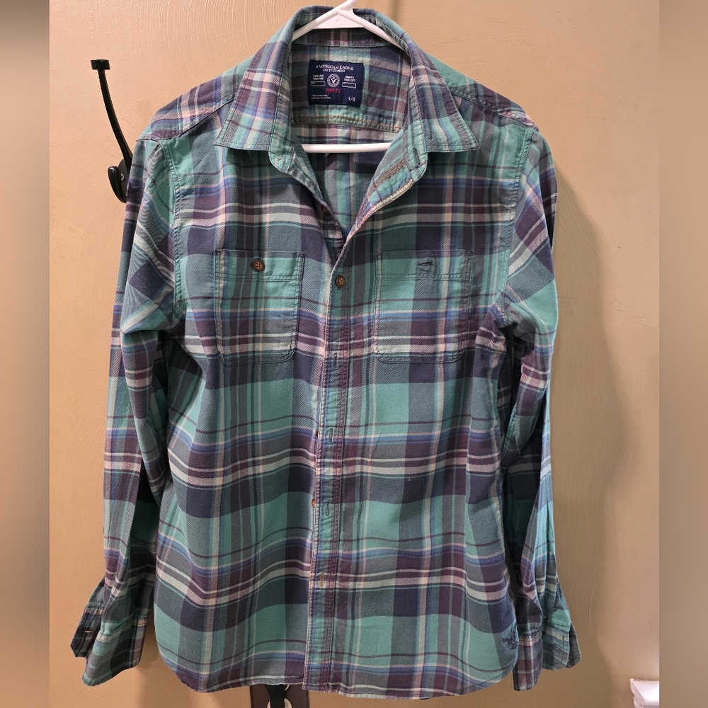 American Eagle Outfitters Teal and Navy Plaid Shirt